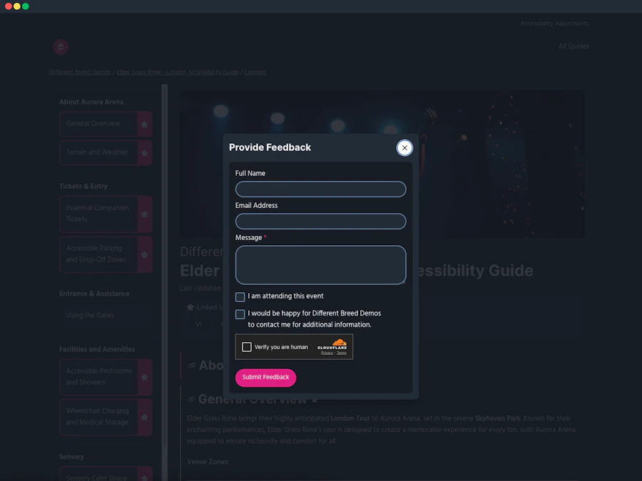 A screenshot displaying the "Provide Feedback" form for the Elder Grass Rime Accessibility Guide. Fields include Full Name, Email Address, and a Message box. Additional options are checkboxes for confirming attendance at the event and allowing Different Breed Demos to contact the user for more information. A CAPTCHA verification is present.